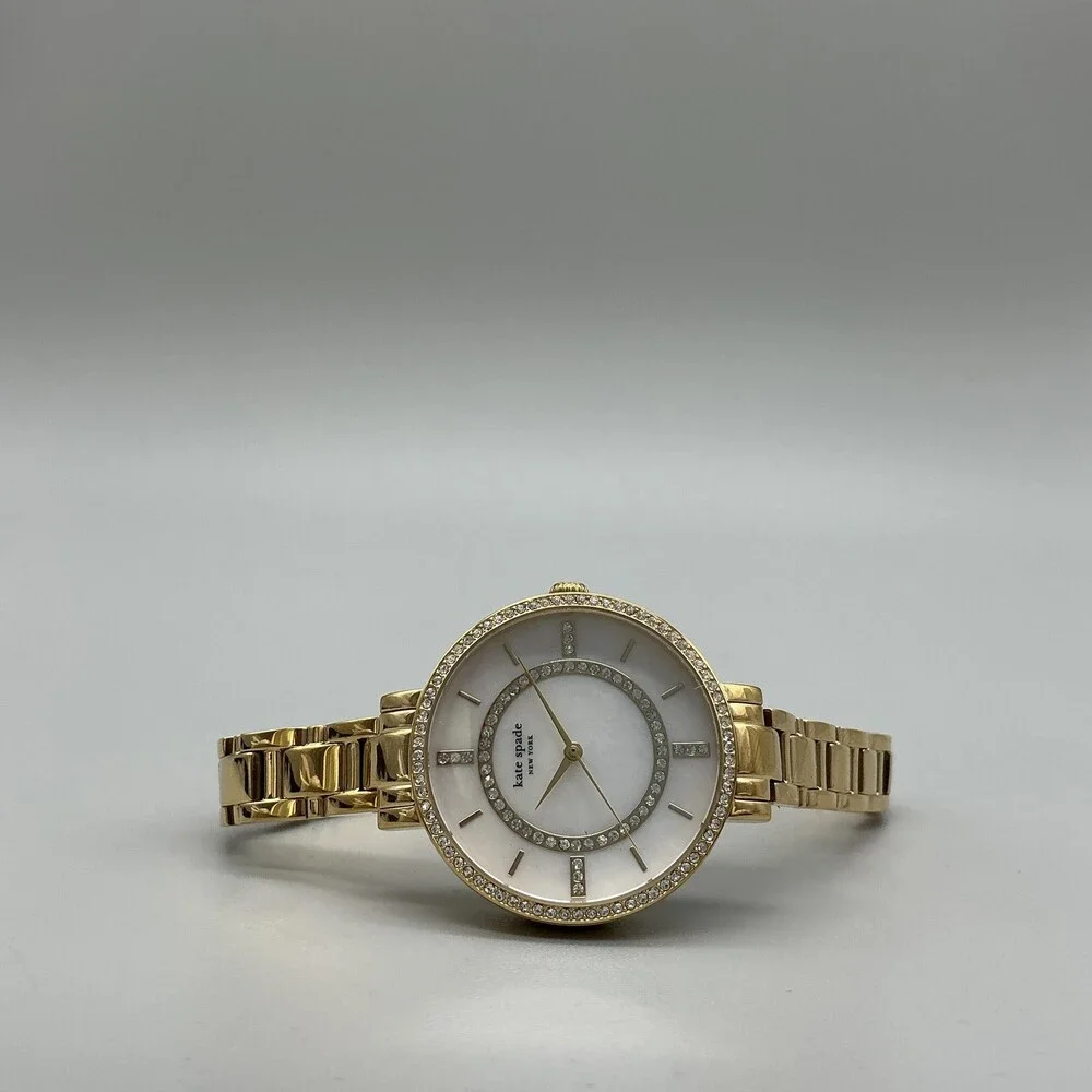Kate Spade New York Womens Watch 34mm MOP Gold Tone Crystals New Battery 8.5